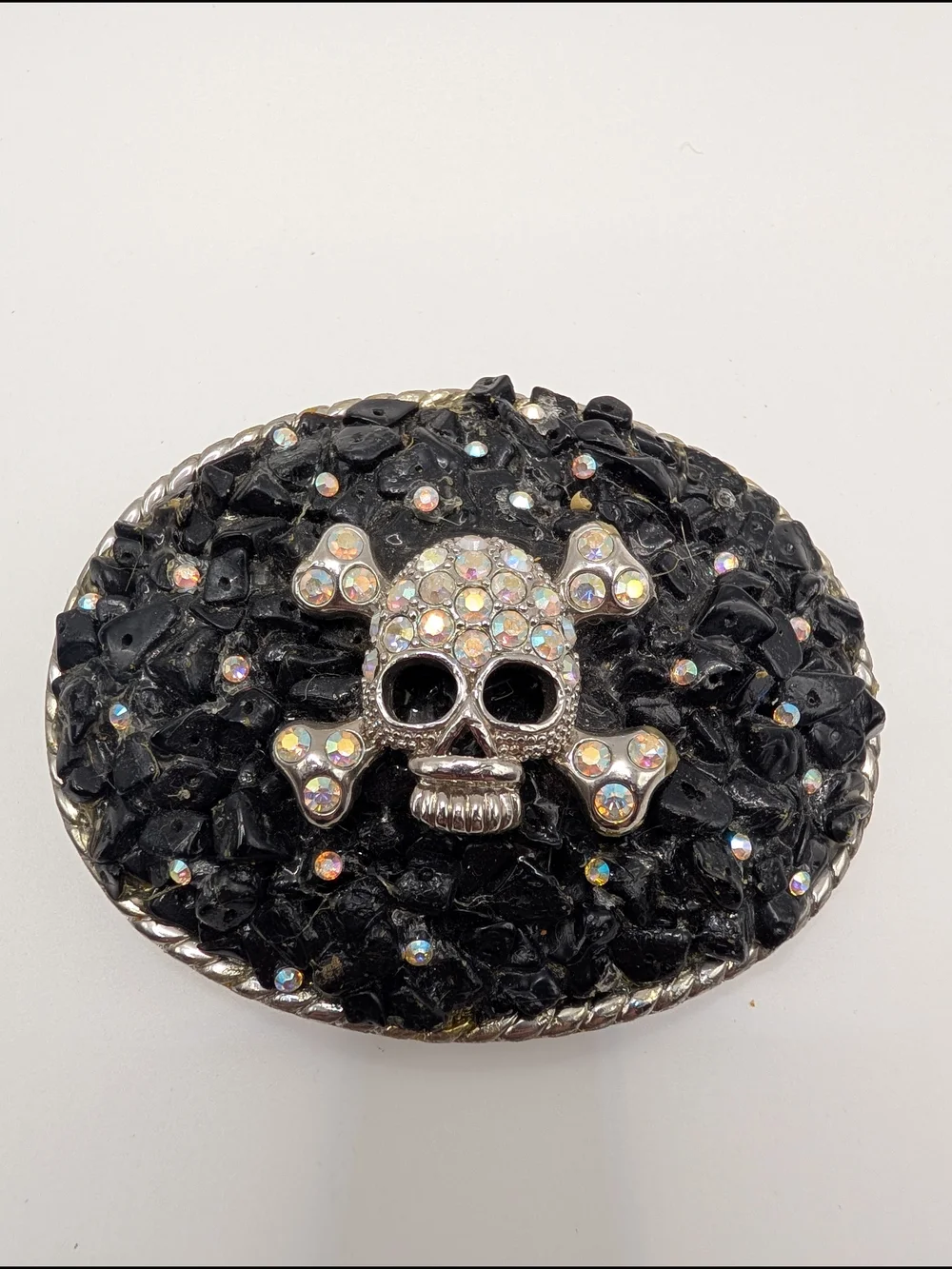Vintage ATI Skull Crossbones Belt Buckle Black Stone AB Rhinestone Y2K McBling
